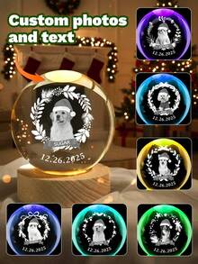 ​​Personalized Christmas Pet Photo Crystal Ball Night Light​​ - Customizable Multi-Photo & Text Engraving With 3D Holographic Effect, Displaying Pet Portraits With Engraved Holly Wreaths, Names, And Dates. Multi-Color LED Base Offers Seven-Color Illumination Options, Creating A Warm Holiday Glow. Heartwarming Christmas Decoration For Family Portraits