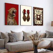 一套三幅无框红色豹纹高跟鞋猎豹墙面艺术海报帆布画，Y2K时尚学院风女孩房间美学装饰趣味画，适用于宿舍、客厅、卧室、现代家居装饰 - 紅色 - 查看 4