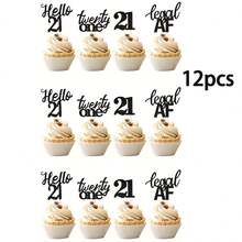 12PCS/24pcs 21st Birthday Cupcake Toppers Legal Hello 21 Twenty One Cupcake Picks 21st Birthday Cake Decorations Supplies Black - Black - View 7