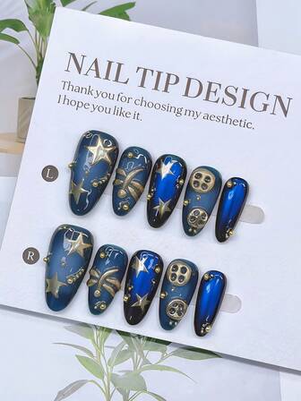 10pcs Y2K Nails Almond-Shaped Press On Nails Set - Handcrafted, Blue Nails, Gold Nails, Hand Drawn Gold 3D Button & 3D Star And 3D Dragonfly Nail Art, Sparkling Gold Little Steel Ball Accents, Delicate Metal Nails - Perfect For Parties & Casual Attire,Perfect Holiday Gift For Women And Girls, DlY Nail Art, Nail Set, Includes Tool Kit. Almond Nails. Goth Nails. Button Nails. Handmade Acrylic Press On Nails Almond. Fake Nails. Nail Supplies