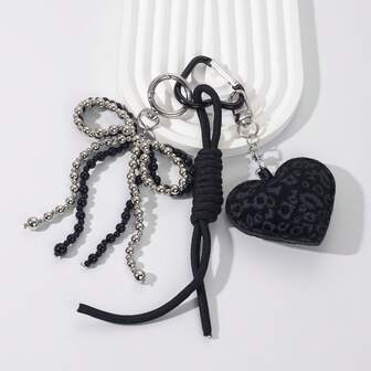 1 Black Leopard Print Heart-Shaped Keychain Pendant, Two-Tone Bow Beads And Braided Lanyard, Bag Charm Accessories, Simple And Fashionable Holiday Gifts, Bag Decorations, Daily Carry-On, Cute Keychain, Two-Tone Beads, Fashion Beads, Handmade Accessories, Heart-Shaped Keychain, Fashion Accessories, Women'S Gifts, Birthday Gifts, Christmas Gifts, New Year Gifts, Valentine'S Day Gifts, Holiday Gifts