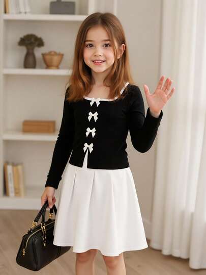 ملابس خريفية للفتيات الصغيرات - ملابس علوية كم طويل ضيقة مع فيونكة فرنسية + تنورة منفوشة، طقم كلاسيكي أسود وأبيض مناسب للحفلات وأعياد الميلاد والمدرسة، قابل للغسل في الغسالة