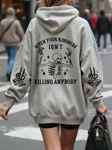 大码女式休闲印花落肩卫衣，适合日常穿着、外出、聚会、上学、音乐节、度假、通勤等场合。可作为礼物送给家人、男友、女友、朋友，是秋冬季女性必备的连帽卫衣。 - 淺灰色 - 查看 3