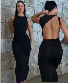 Long Dress With Asymmetrical Back. Made Of Suplex Fabric With A Touch Of Polyamide. Shapes The Body. Ideal For Parties, Christmas, Beach, Get-Togethers, Weddings, Nightclubs, New Year's Eve, And End-Of-Year Celebrations. - 黑色 - 查看 4