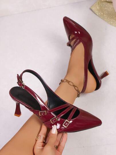 Spring & Autumn Fashion Plus Size Pointed Toe Shiny Patent Leather Vintage 3-Strap Buckle Solid Color Slip-On Elastic Band Metal Buckle Easy To Wear Daily, Party, Wedding, Office Wear, Ankle Strap, Stiletto Heel Elegant Red Ladies Pumps