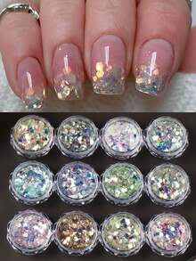 12-Color Set Chameleon Hexagon Nail Glitter, Laser Mermaid Gradient Shiny Flakes, Holographic Rainbow Metallic Powder Nail Art Decorations - Multicolor - View 4