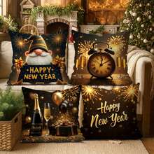 4pcs New Year's Day Throw Pillow Covers - Black & Golden Festive Champagne & Fireworks Design, Like Texture Cases With Zipper Closure, For Sofa Bed Living Room Decor, Chinese New Year Party (No Pillow Cover - Multicolor - View 11