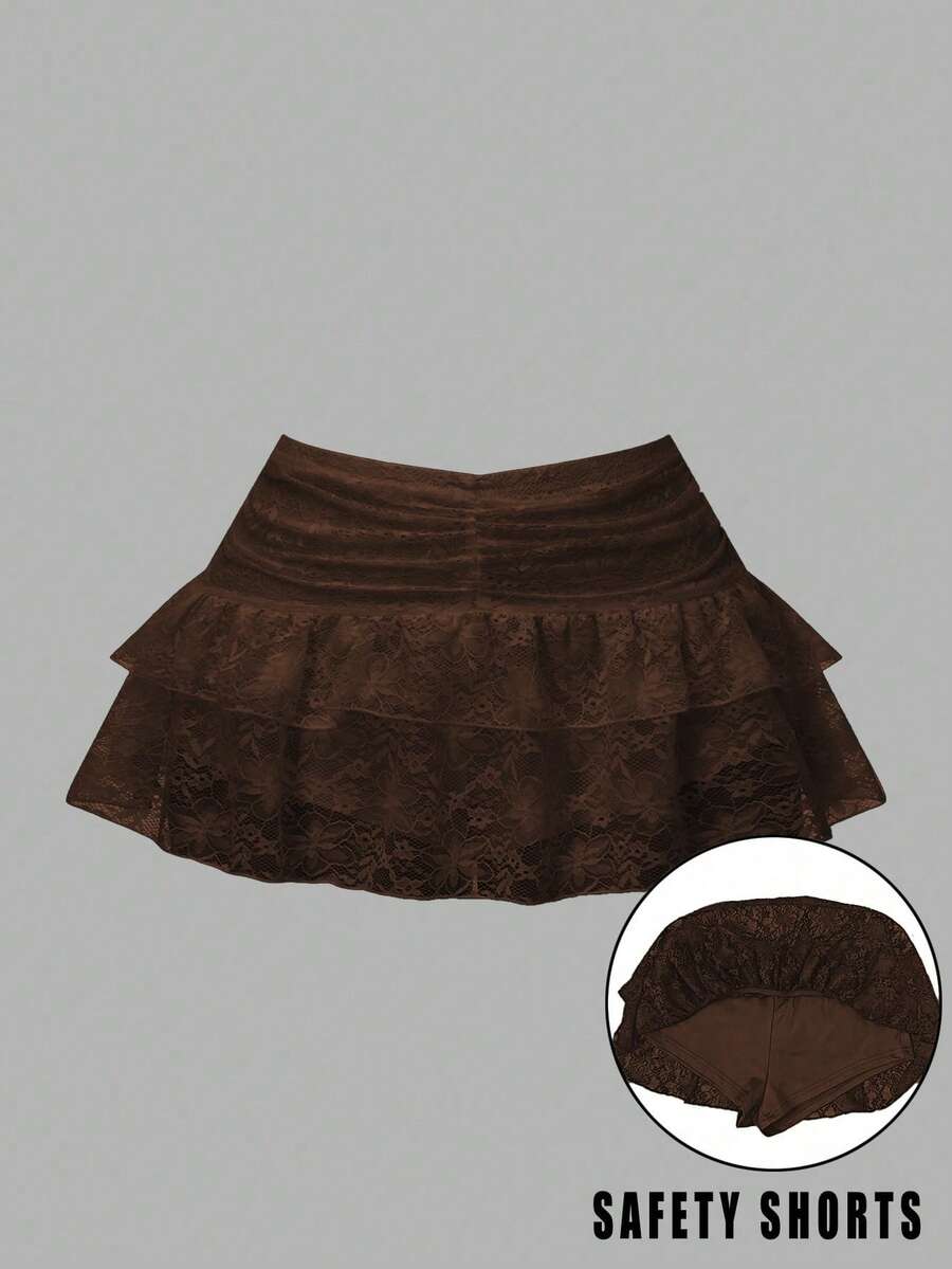 Women's Low-Waist Lace Ruffle Layered Pleated Cute Cake Skirt, Suitable For Parties, Shopping, And Gatherings Summer - Coffee Brown - View 1