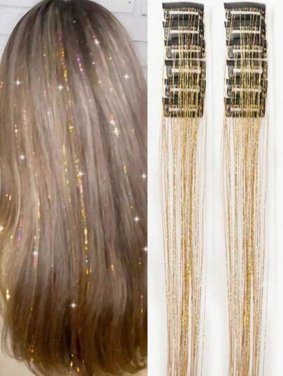 12pcs Mid-Length Straight Synthetic Hair Extensions Clip-In, Fashion Party Christmas Gift, Girls Golden Wire Hair Pieces, 12pcs/Pack; 20" Colorful Glitter Clip-In Hair Extensions, Holiday Gift Party Hair Accessories