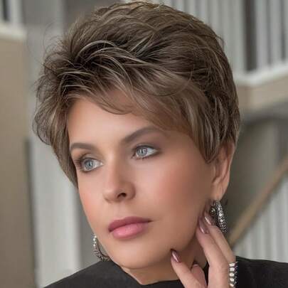 Women's Sporty Chic Pixie Cut Wig - Natural Look Human Hair Hairstyle With Bangs & Layers, 180% Density Brown 4# Dark Brown, Rose Net Cap For Everyday & Formal Events - Modern Hairstyle Change, Versatile Hairpiece, Sleek Texture, Premium Quality, Versatile Styles