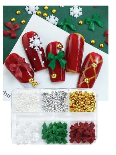 1Box Christmas White Snowflake Green Burgundy Ribbon Bow Nail Charms Nail Parts Nail Supplies Accessories For DIY Women's Nail Salon Design Decoration