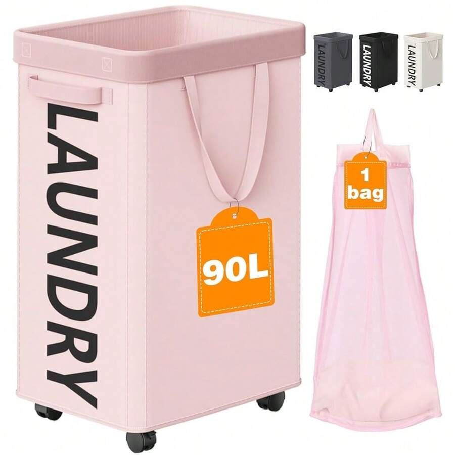 90L Rolling Laundry Basket With Wheels, 29 IN Hamper With Wheels And Removable Mesh Bag, Pink Laundry Baskets On Wheels For Bedroom, Dorm, Clothes Hamper Organizer{Inchcolor_nameinch:InchPinkinch} - Hồng - Xem 1