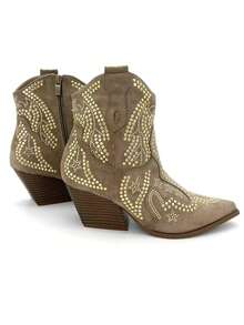 Women's Western Style Rhinestone Embellished Mid-Calf Boots - Khaki - View 8