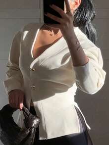 FOR BEAUTY V-Neck White Long Sleeve Knit Cardigan, Women/Girls New Fashion Elegant Soft Solid Color Jacket, Versatile For Daily, Commute, Casual, Loose Fit, Sweater Top - White - View 5