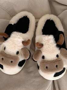Fashionable Home Animal Cartoon Pattern Plush Winter Slippers, Warm Comfortable Non-Slip Stylish Cozy Cow Slippers, Couples Slippers, Men Slippers