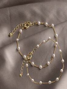 1 Piece Universal Pearl Multi-Layer Bracelet And Anklet, Multiple Wearing Styles, Unique And Elegant Ins Style, Versatile Bracelet And Anklet Suitable For Women And Couples - 金色 - 查看 3