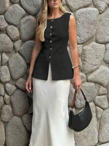 Áo khoác cardigan dệt kim không tay cổ tròn màu đen cài nút dành cho nữ của FOR BEAUTY, kiểu dáng ôm sát, phong cách công sở thời trang, phù hợp cho mùa tốt nghiệp và năm mới. - màu đen - Xem 8