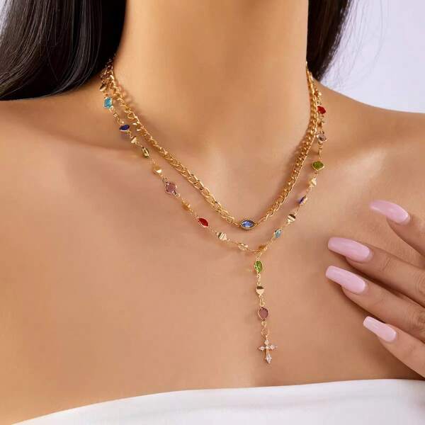 Fashionable Multi-Layer Cross & Tassel Pendant Y-Necklace, Colorful Layered Necklace