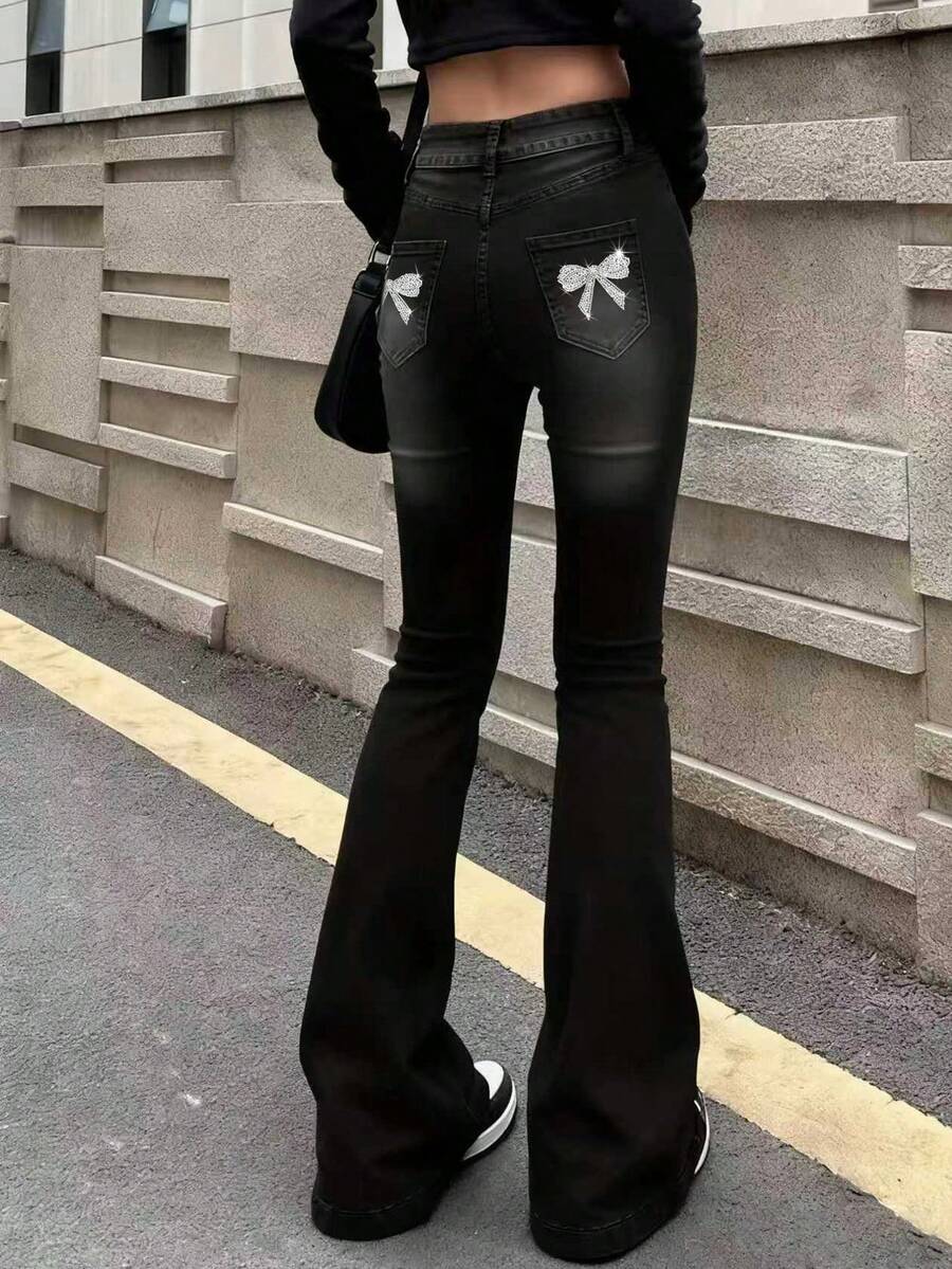 Jeans de campana ajustados con bolsillo trasero con lazo y strass para adolescentes - Negro - Ver 1