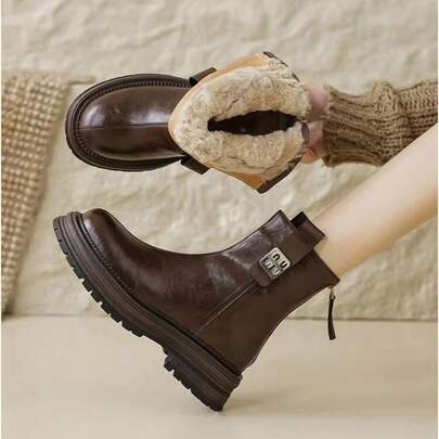 British Style  Boots For Women 2025 Autumn Winter New Retro Fleece-Lined Thick-Soled Height-Increasing Versatile Short Boots Fashion Boots