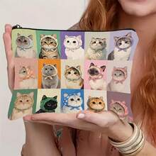 Bolsa de maquillaje con estampado de gato lindo y bolsa de cosméticos con cremallera y bolsa de artículos de tocador - Bolsa de medicina reutilizable estilo bohemio académico, bolsa de almacenamiento con tema animal, bolsa para lápices, bolsa de almacenamiento - Para la escuela, la decoración del hogar de verano, la bolsa de aperitivos 9in*6in Bolsa de maquillaje Bolsa de cosméticos Bolsa de aseo Bolsa de viaje Artículos esenciales de vacaciones Artículos esenciales de vacaciones para hombres y mujeres