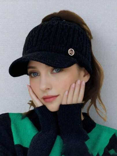 Gorra de béisbol con visera para mujer para otoño e invierno, sombrero de lana de conejo tejido versátil, forrado de felpa, engrosado, cálido con orejeras