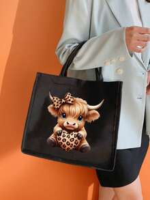 Highland Cow Printed Black Linen Handbag,Cute Bow Love Leopard Design Highland Cow Pattern, Large Capacity Cosmetic Bag With Hand Rope,Christmas Gift,Women's Linen Large Capacity Tote Bag,Tote Bag And Makeup Pouch Set - Multicolor - View 2