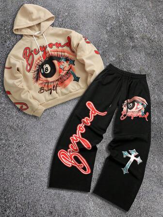 Lonblece 2 Stücke Herbst/Winter Streetwear Marke Buchstaben & Augen Muster Hoodie Set, lässiger Oversize Hoodie & gerade Hose Zweiteiler, #Art Punk, Alltags-Outfit für Junge