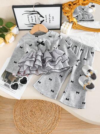 2pcs Baby Girls Cute Bow Print Chiffon Long Sleeve Top And Casual Pants Set, Fashionable And Sweet