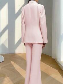 女士优雅时尚金属纽扣西装外套喇叭裤套装，适合日常、约会、通勤、办公等场合。 - 粉色 - 查看 6