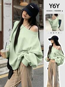 Y6Y 休闲时尚宽松不对称肩部女式卫衣，长袖露肩上衣，2025 年秋冬新品