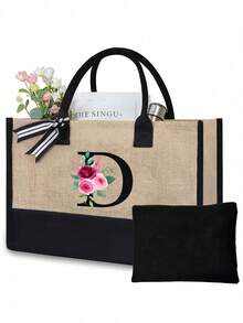 Juego de bolsas de lona con iniciales florales negras de la A a la Z, incluye bolsa de almacenamiento de maquillaje, bolsa de regalo personalizada, adecuada para boda, cumpleaños, playa, vacaciones, escuela, es un gran regalo para mujeres, mamá, maestros, amigos, damas de honor, estudiantes, bolsa grande, artículos de primera necesidad, regalos perfectos para vacaciones, cumpleaños, Acción de Gracias, Pascua, Navidad