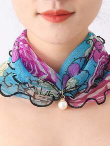 1件仿珍珠吊坠围巾项链印花蕾丝领口雪纺假领连衣裙 - 黑與白 - 查看 9