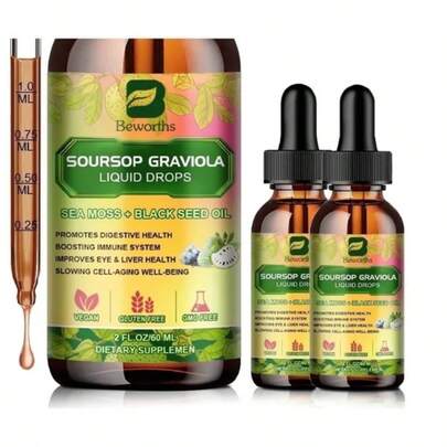 B BEWORTHS (2 Pack)BEWORTHS 8-In-1 Soursop Graviola & Sea Moss Liquid Drops (2 Fl Oz) - Premium Natural Leaf & Fruit Extract Supplement For Adults Immune & Cellular Support