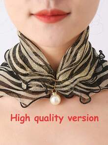 1件仿珍珠吊坠围巾项链印花蕾丝领口雪纺假领连衣裙 - 黑與白 - 查看 13