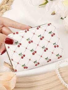 Fashionable And Cute Cherry Print Short Wallet Handbag Zipper, Coin Wallet Fashionable Zipper, High-Quality Credit Card Storage Bag, Women's Wallet Card Bag,Fashion,Modern,Business,For Anniversary,For Christmas,On Valentine Day,For Birthday Gift,For Gift,For Lover For Women,For Girls,For Lady,For Female,Bag School Supplies For School Dorm Room & Back To School