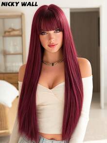 Elegant-30 Inch Velvet Wine Wigs For Women, Long Straight Wigs With Bangs, High Quality Soft Synthetic Fiber Wigs For Women Daily Wear, Festival Ready Party Use, Perfect Gift - Beginners Glueless Wig Accessories - 酒紅色 - 查看 5