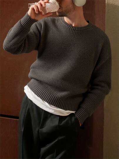 Suéter de cuello redondo de manga larga de punto jacquard casual para hombre