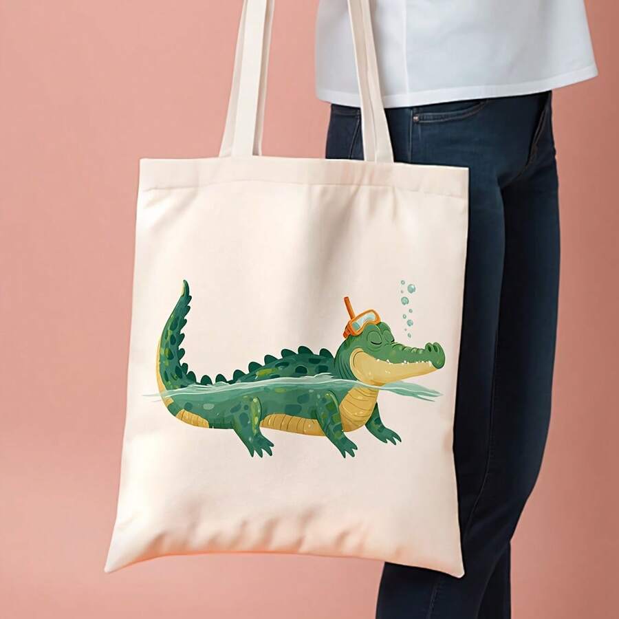 1pc Large Capacity Tote Bag - Cute Swimming Crocodile Design With Expressive Eyes, Lightweight & Sturdy Beige Background - Reusable Grocery, Beach, Travel, Shopping Bag - Ideal Birthday, Earth Day, Graduation Gift For Women, Men, Teens - Everyday Carryall, Travel Carryall, Playful Design, Durable Polyester - A - View 1