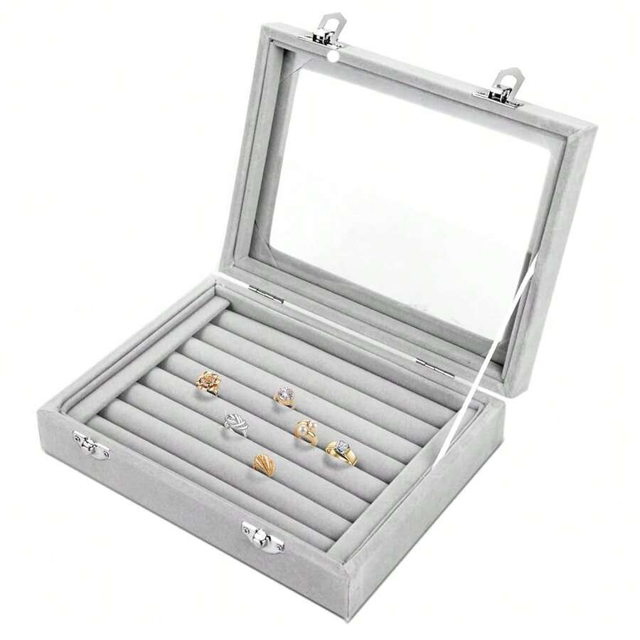 Jewelry Box Rings Organizer Tray 7 Slots Velvet Jewelry Earring Storage Box With Transparent Lid Jewelry Display Case For FFgirls Women (Gray){Inchcolor_nameinch:InchGrayinch} - Gray - View 1