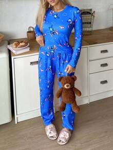 2pcs Stitch Print Women's Long T-Shirt And Pants Set, Cute Heart Stitch All-Over Print, Stretchy & Skin-Friendly, Casual Loungewear Suitable For Spring & Autumn - Blue - View 3
