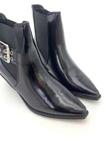 Women's Western Style Rhinestone Embellished Mid-Calf Boots - Black - View 3