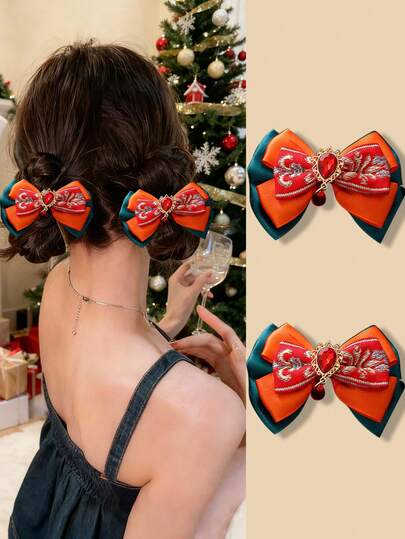 2pcs/Set Girls Elegant Red Rhinestone Decor Bow Hair Clips, Double Layer Satin Bow Hair Clips, Suitable For Christmas Party, Holiday Gathering, Winter Outfit, Cute Hair Accessories