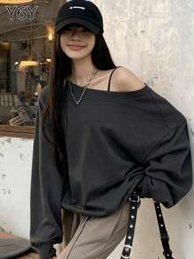 Y6Y 休闲时尚宽松不对称肩部女式卫衣，长袖露肩上衣，2025 年秋冬新品