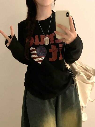 Women's Loose Fit Cotton Letter, National Flag, Heart Print Long Sleeve T-Shirt, Versatile For Spring & Autumn