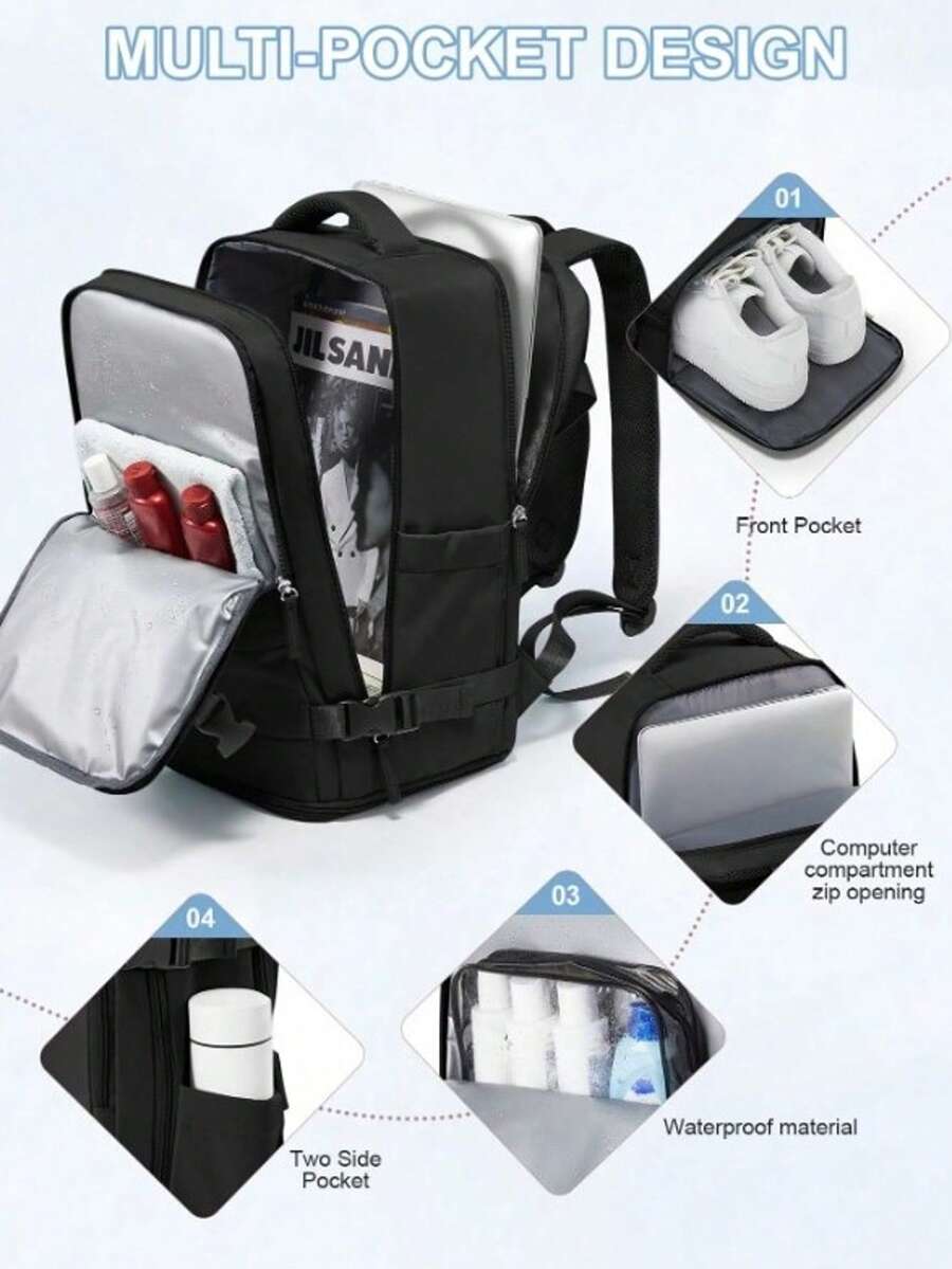 1pc Large Capacity Water-Proof Backpack With Shoe Compartment, Laptop Compartment, Perfect For Hiking, Camping, Outdoor Activities, Travel, And College School Summer Large Capacity School Pencil Case The Sporty Life Bag Pack Hiking Bag Weekend Bag Backpacks Travel Must Haves Large Bag Spring School Supplies School Backpack Springbreak Step Into Spring Travel Bag Vacation Travel Backpack Gift - 黑色 - 查看 1