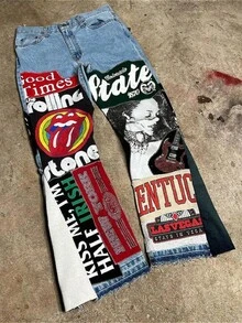 Retro Street Style Magazine Patterned Print Men's Loose Casual Straight-Leg Trousers - Blue - View 1