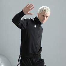 Adidas 男式字母图案侧条纹拉链运动夹克 - 黑色 - 查看 6