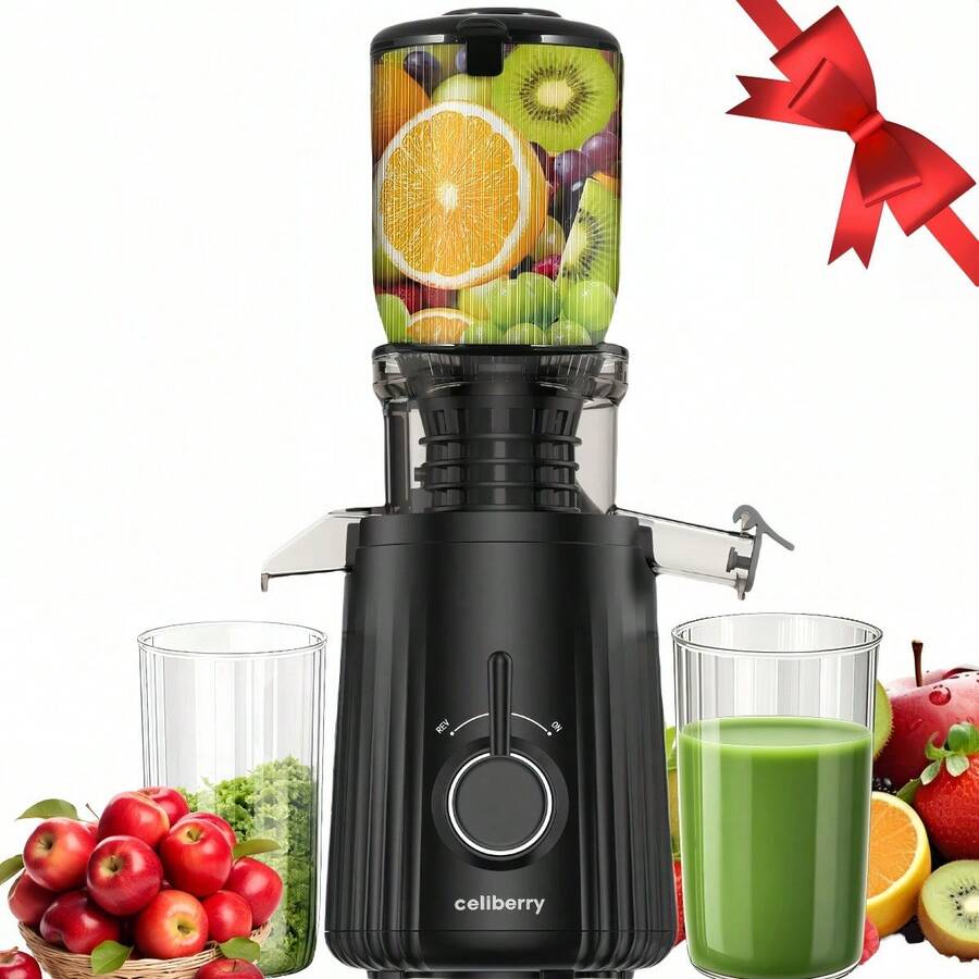 celiberry Exprimidor de prensado en frío, exprimidor masticador con tolva grande para frutas y verduras enteras, extractor de jugo silencioso y fácil de limpiar, diseño compacto, rendimiento de jugo del 98 %. - Negro - Ver 1