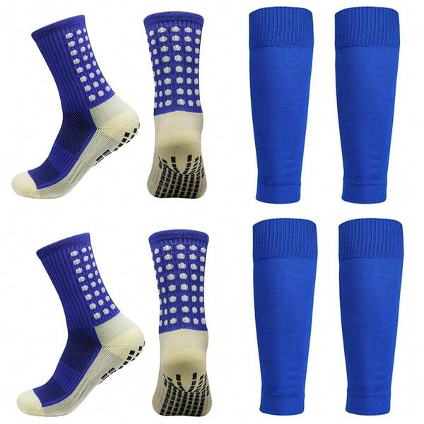 2 Sets Grip Football Socks With Shin Guards, Non-Slip For Men's Football & Basketball Training